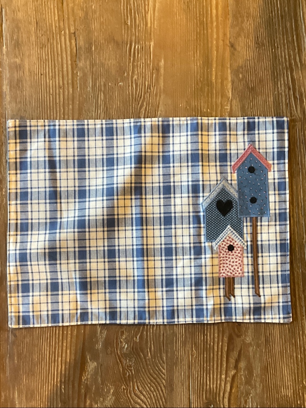 Handmade Blue Plaid Cotton Placemat with Birdhouse Appliqué Accents - set of 2